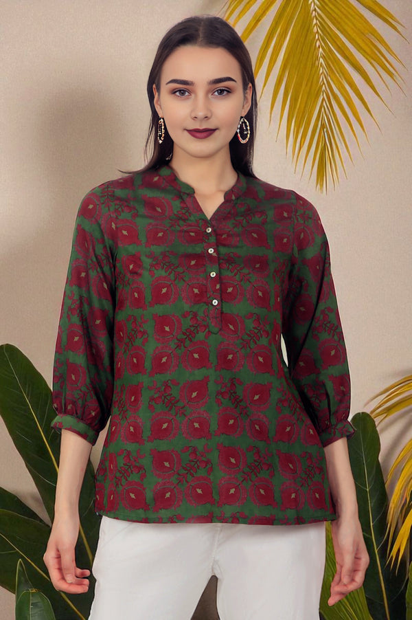 Green Printed Crepe Straight Top