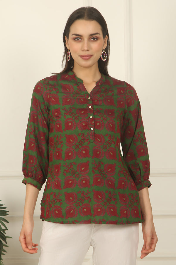 Green Printed Crepe Straight Top