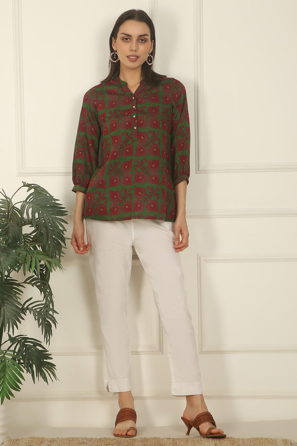 Green Printed Crepe Straight Top