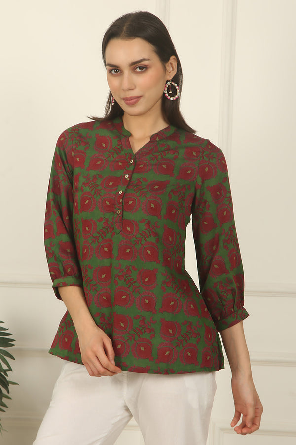 Green Printed Crepe Straight Top