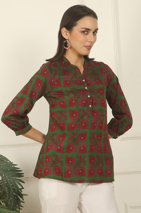 Green Printed Crepe Straight Top