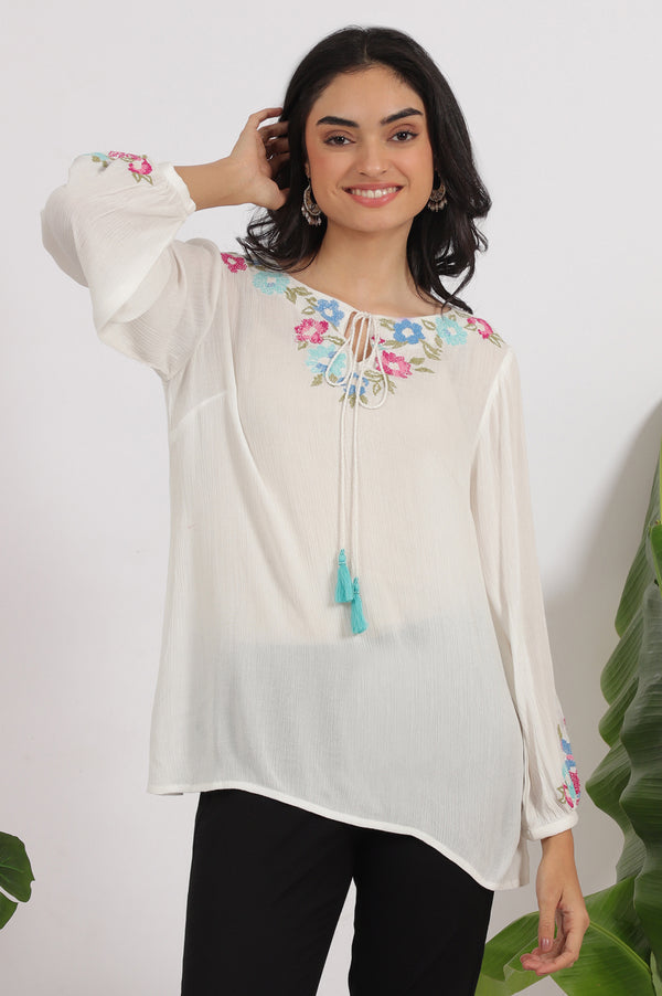 White Embroidered Rayon Crepe Straight Top