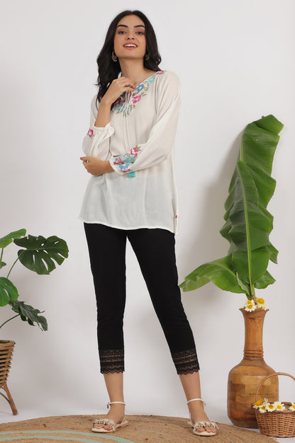 White Embroidered Rayon Crepe Straight Top