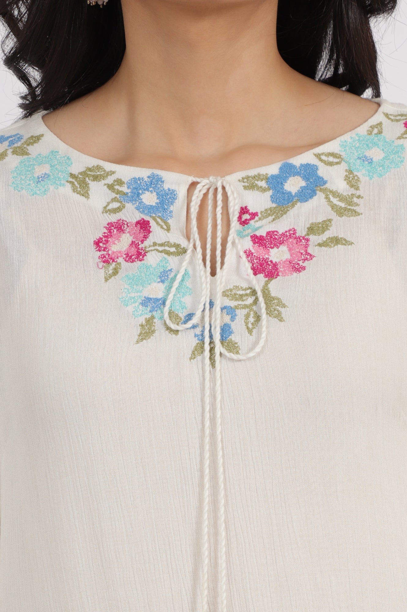 White Embroidered Rayon Crepe Straight Top