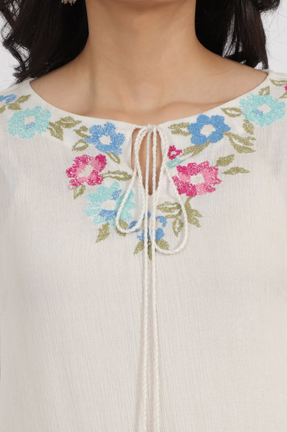 White Embroidered Rayon Crepe Straight Top
