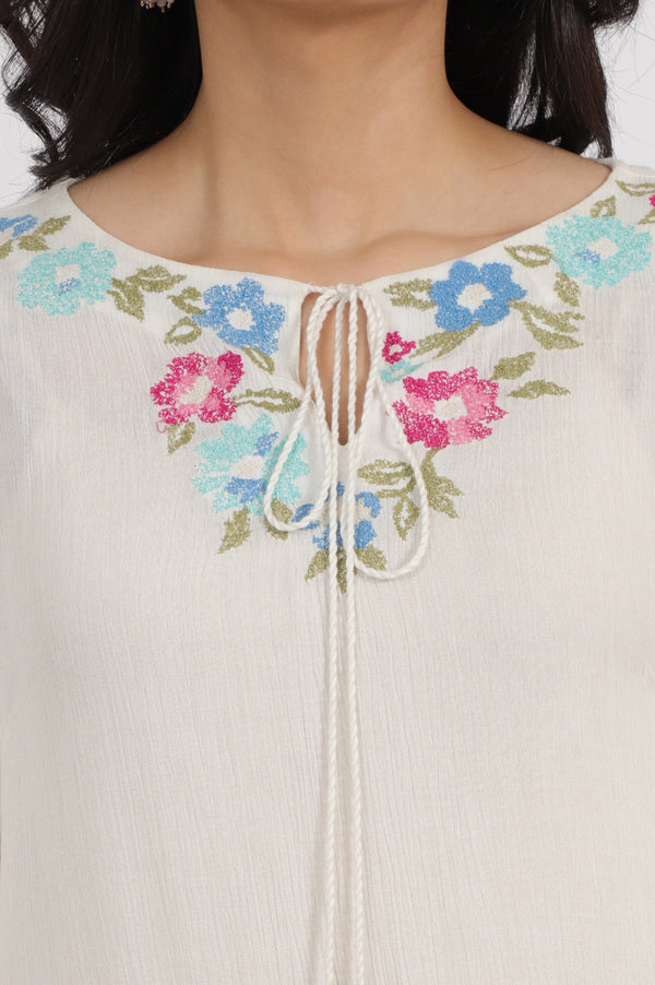 White Embroidered Rayon Crepe Straight Top