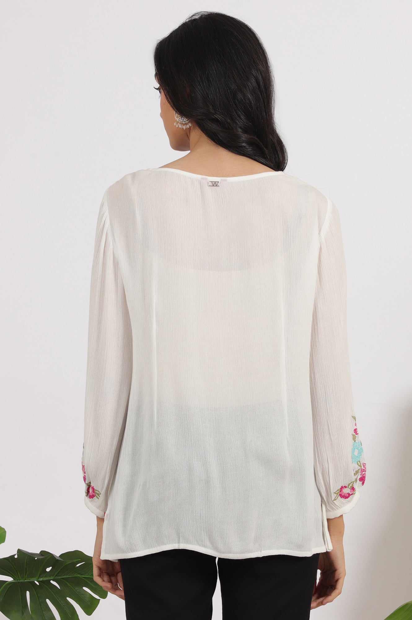 White Embroidered Rayon Crepe Straight Top