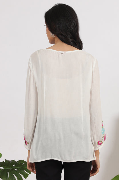 White Embroidered Rayon Crepe Straight Top