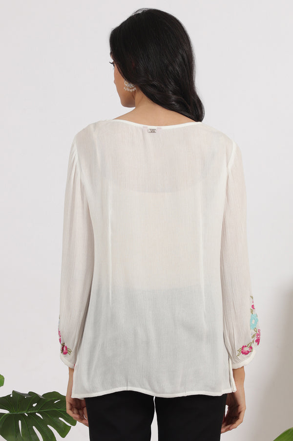 White Embroidered Rayon Crepe Straight Top