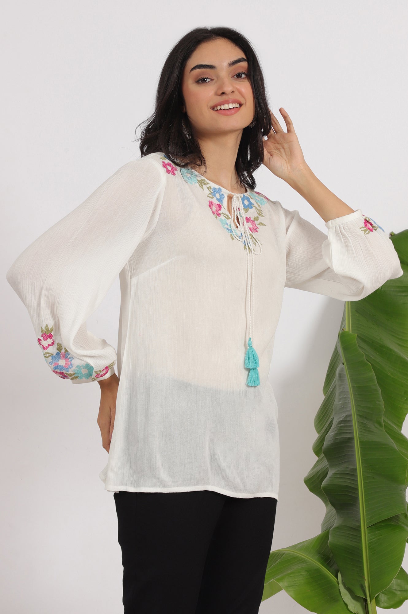 White Embroidered Rayon Crepe Straight Top