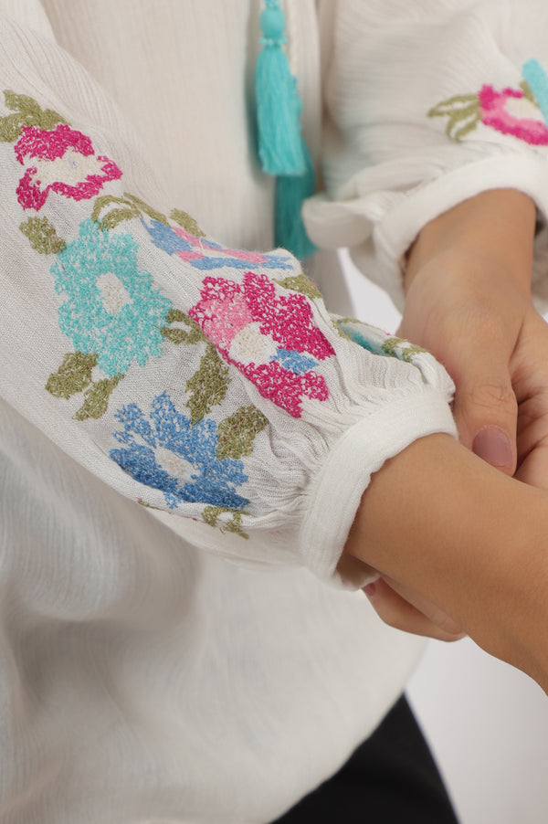 White Embroidered Rayon Crepe Straight Top