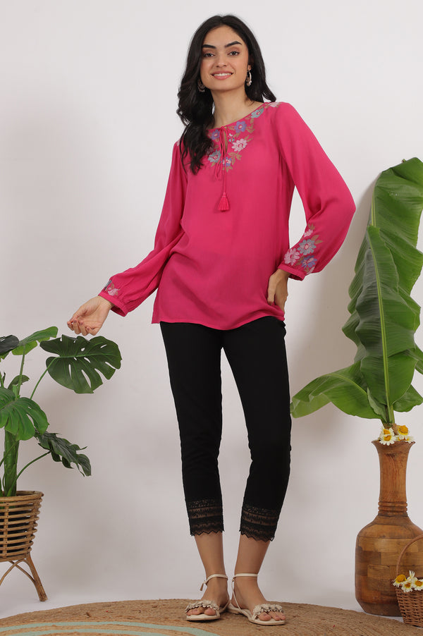 Pink Embroidered Rayon Crepe Straight Top