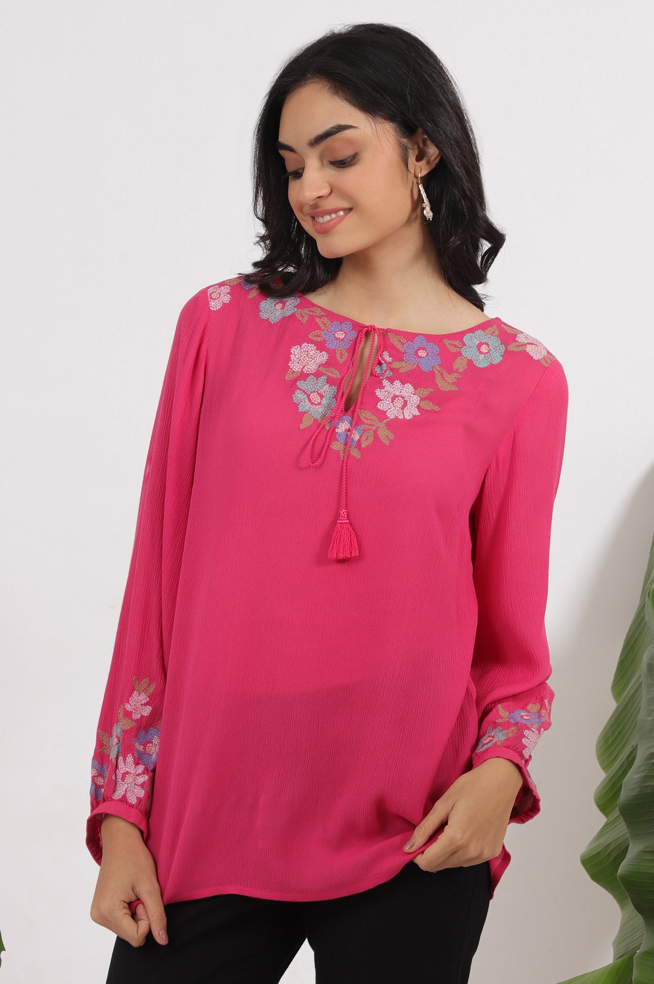 Pink Embroidered Rayon Crepe Straight Top