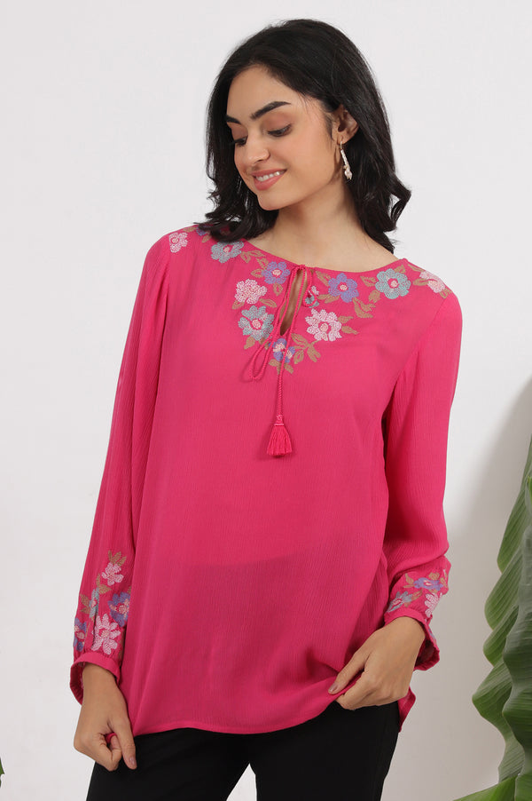 Pink Embroidered Rayon Crepe Straight Top