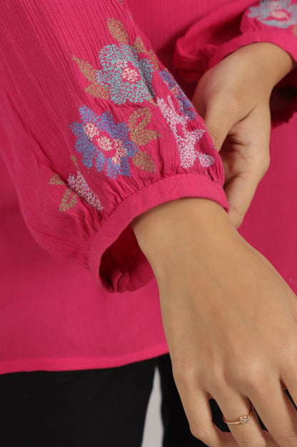 Pink Embroidered Rayon Crepe Straight Top