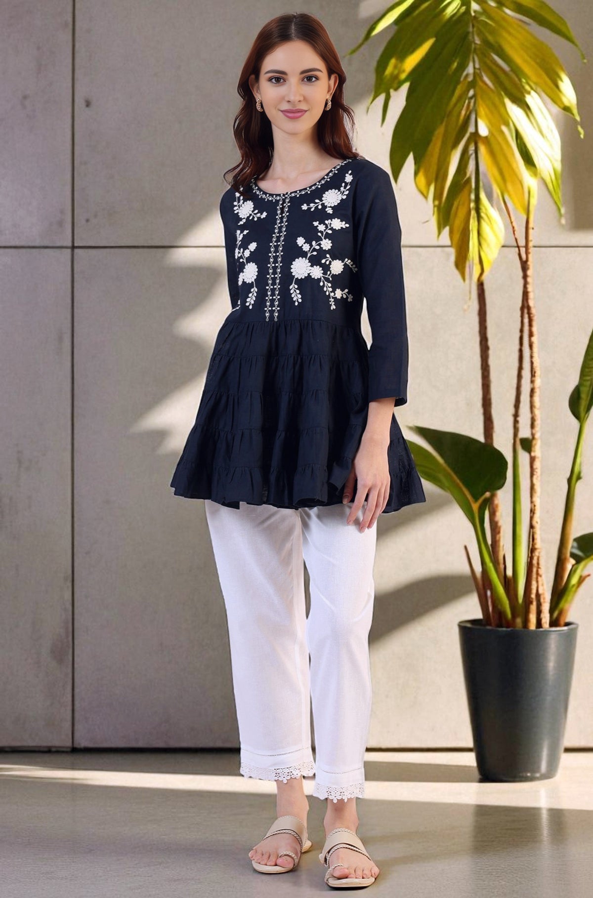 Embroidered Flared Pure Cotton Top - XS
