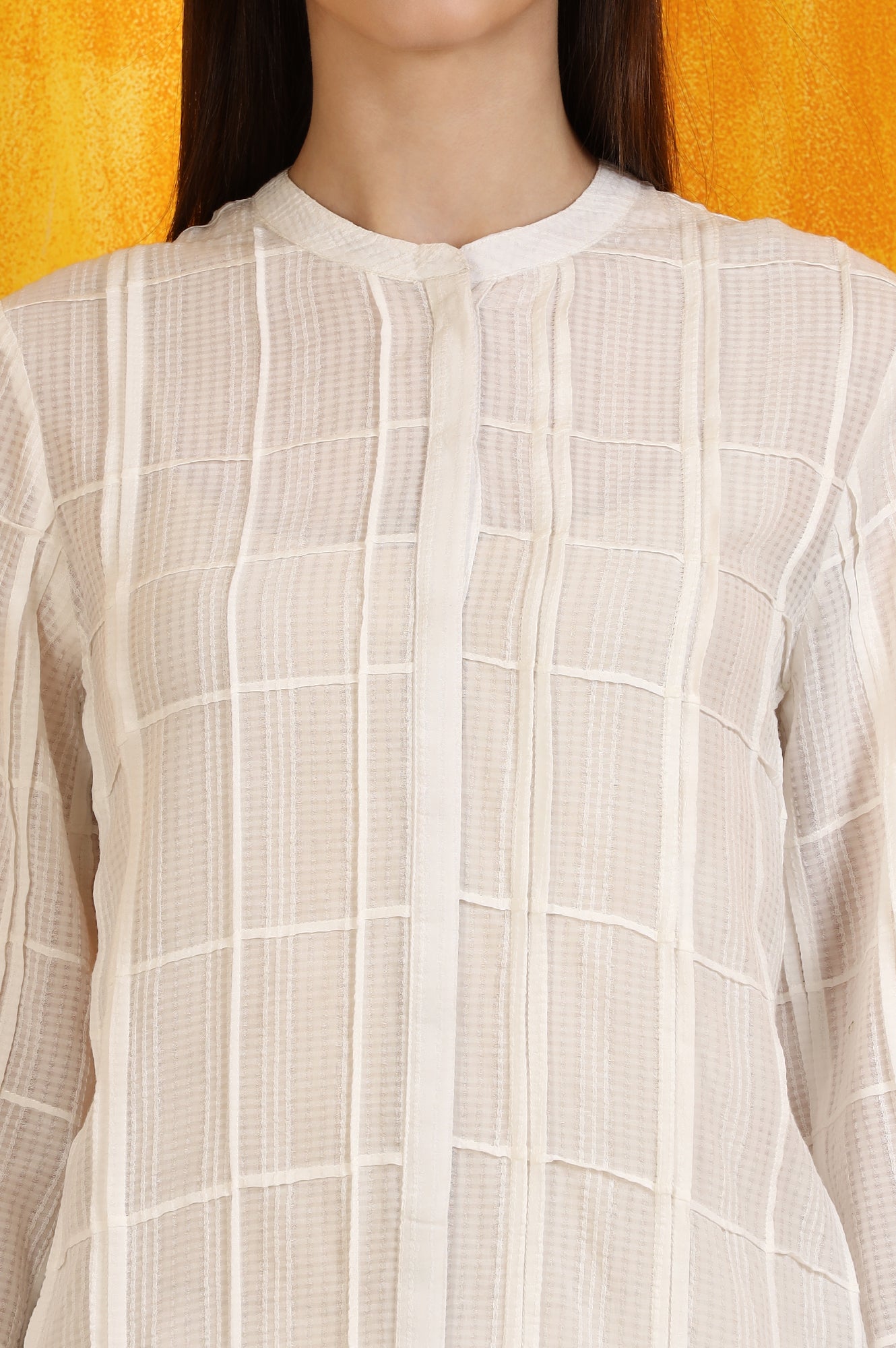 White Cotton Dobby Textured Top with Pleats