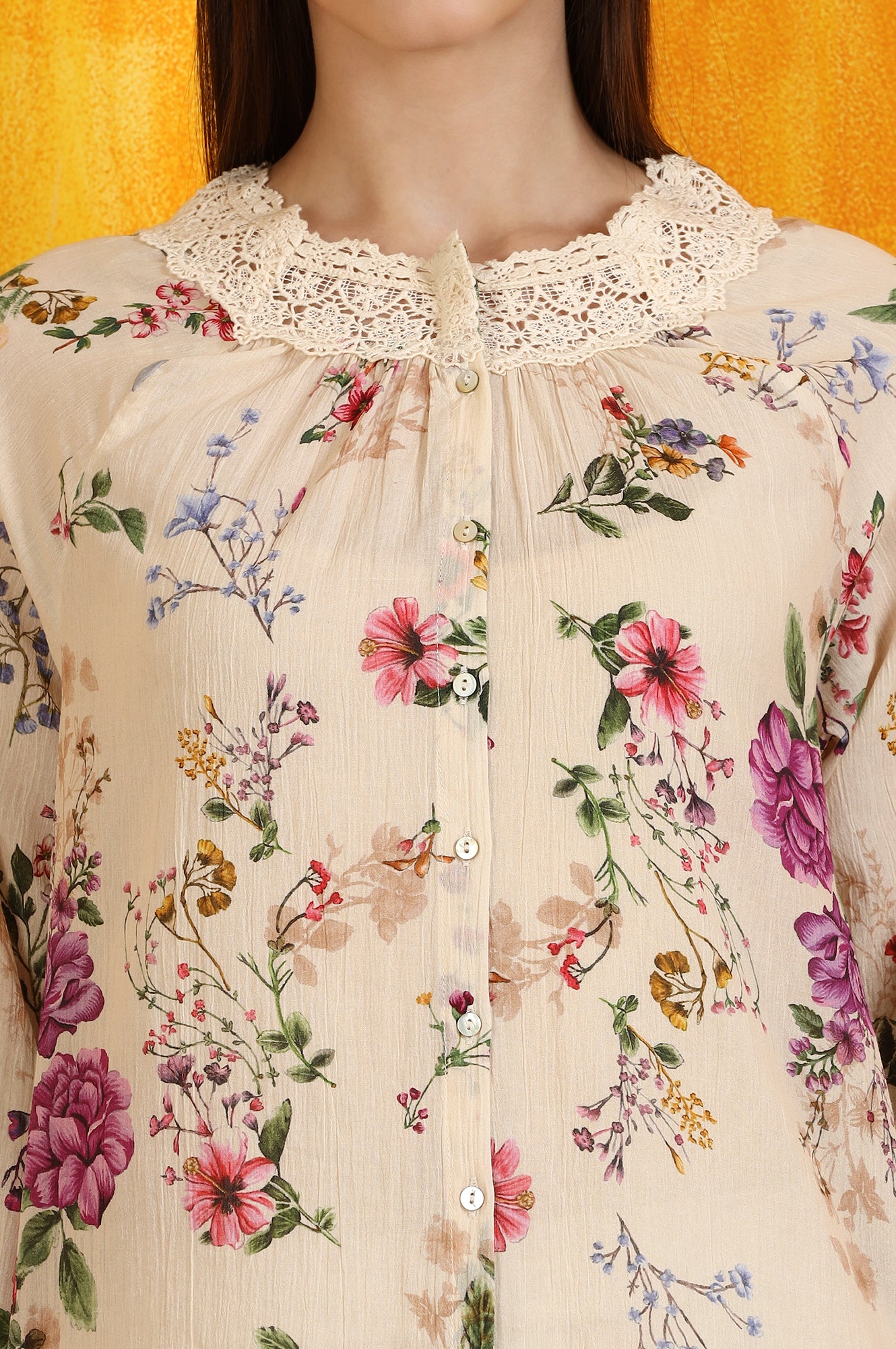 Off-White Floral Printed Cotton Crinkle Top with Lace