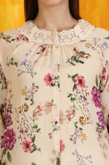 Off-White Floral Printed Cotton Crinkle Top with Lace