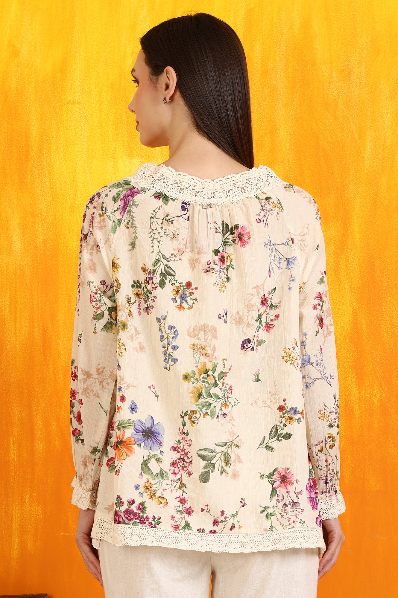 Off-White Floral Printed Cotton Crinkle Top with Lace