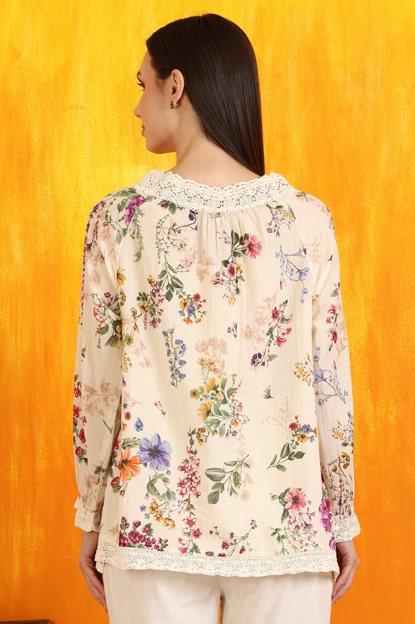 Off-White Floral Printed Cotton Crinkle Top with Lace