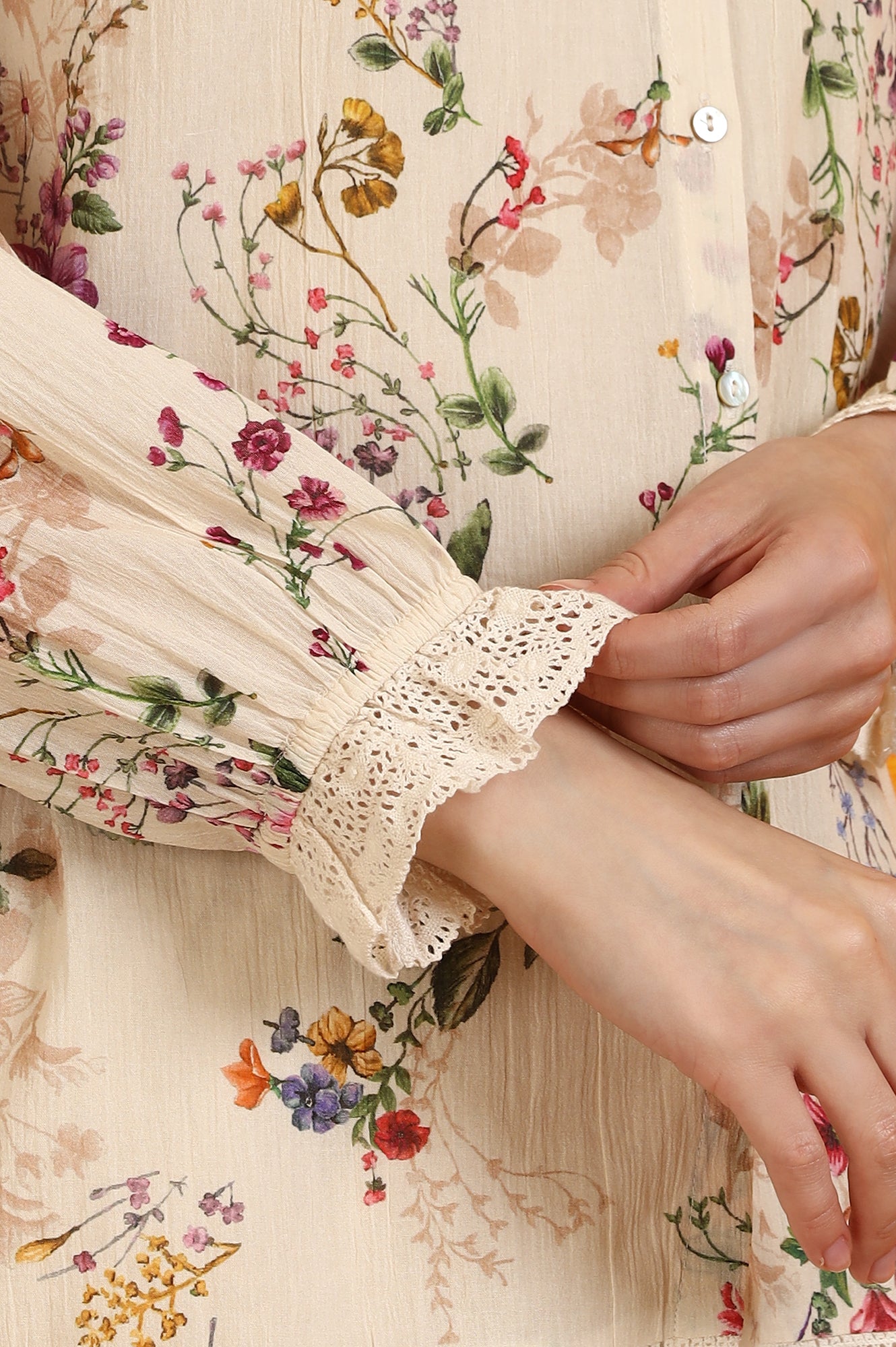 Off-White Floral Printed Cotton Crinkle Top with Lace