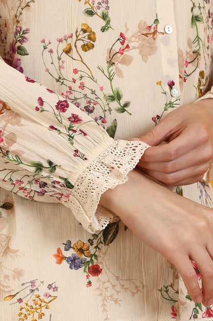 Off-White Floral Printed Cotton Crinkle Top with Lace
