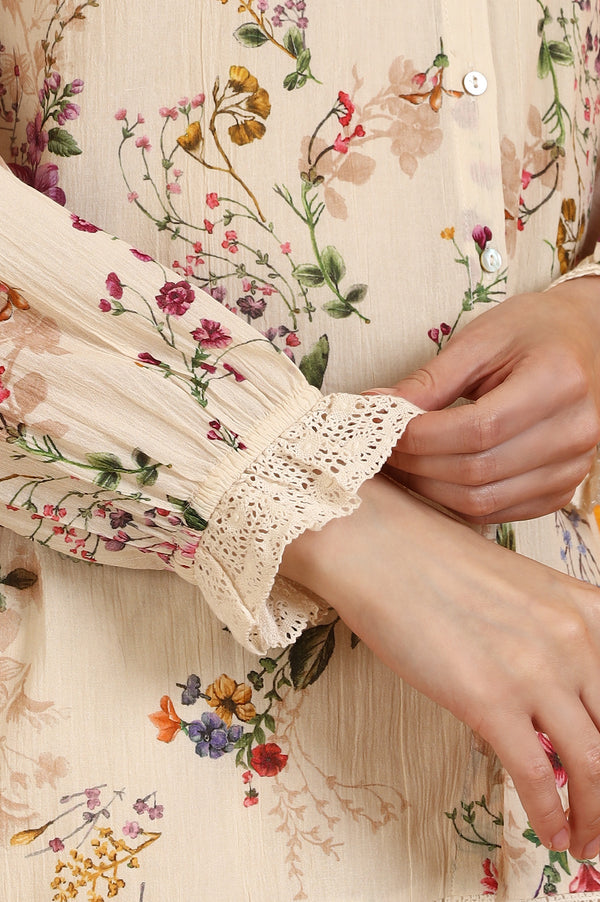 Off-White Floral Printed Cotton Crinkle Top with Lace
