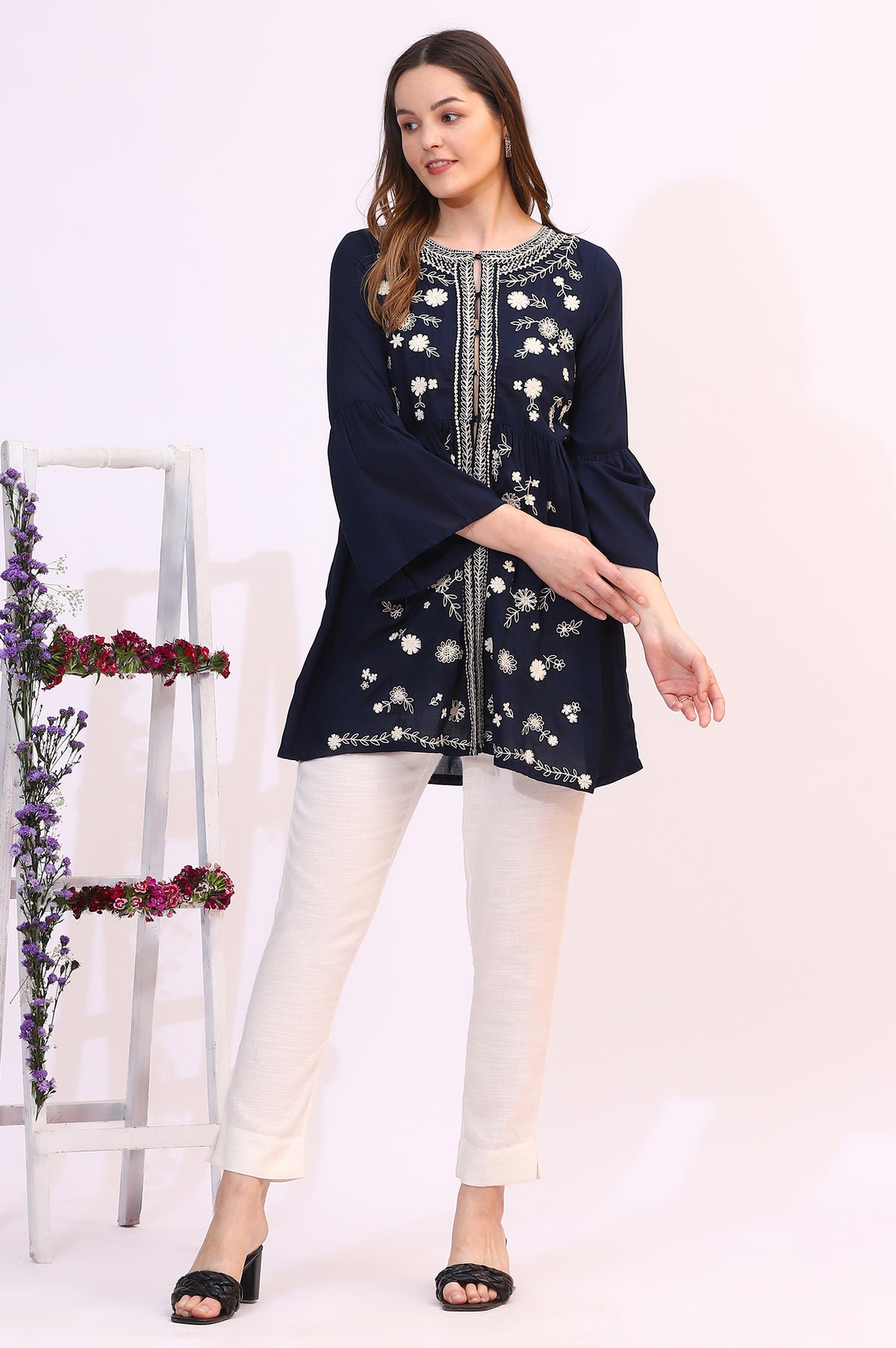 Navy Blue Thread Embroidered Modal Cotton Top with Front Buttons - XS