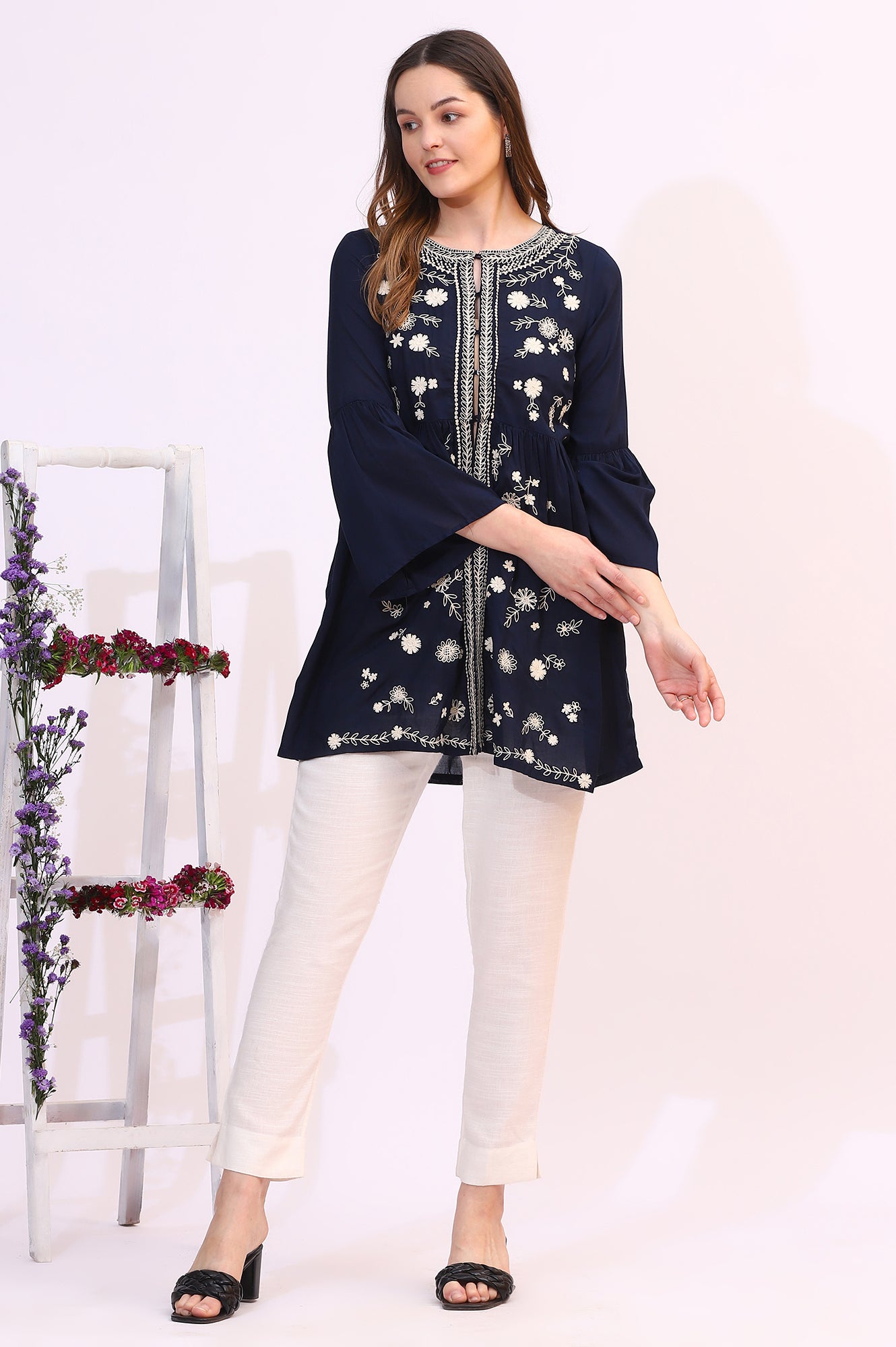 Navy Blue Thread Embroidered Modal Cotton Top with Front Buttons