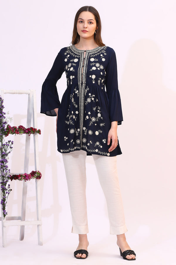 Navy Blue Thread Embroidered Modal Cotton Top with Front Buttons
