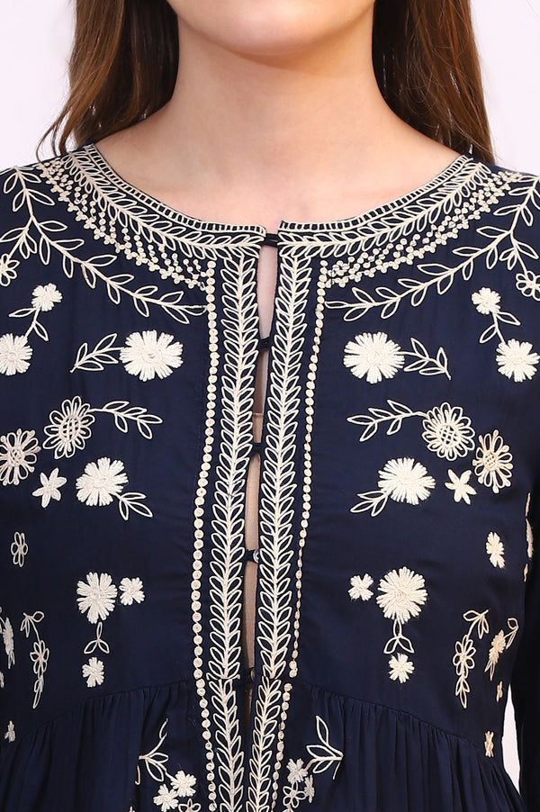 Navy Blue Thread Embroidered Modal Cotton Top with Front Buttons