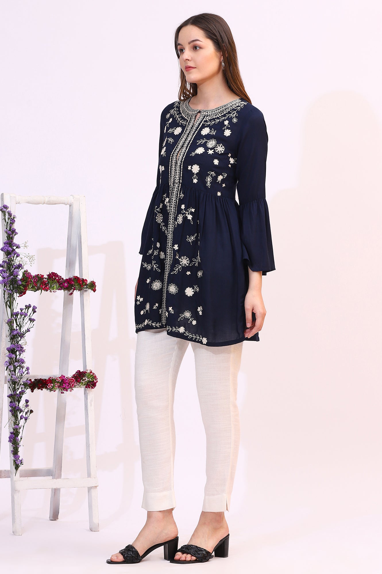 Navy Blue Thread Embroidered Modal Cotton Top with Front Buttons