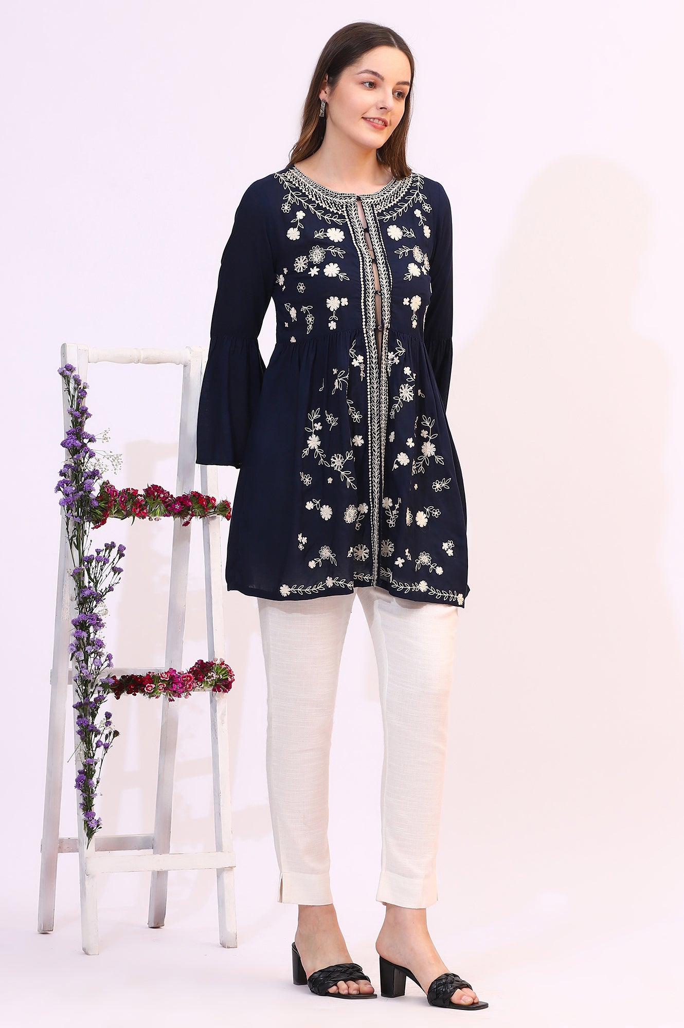 Navy Blue Thread Embroidered Modal Cotton Top with Front Buttons