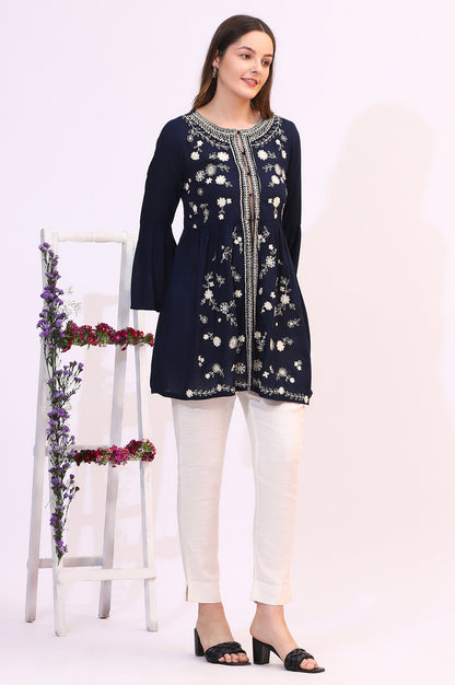 Navy Blue Thread Embroidered Modal Cotton Top with Front Buttons