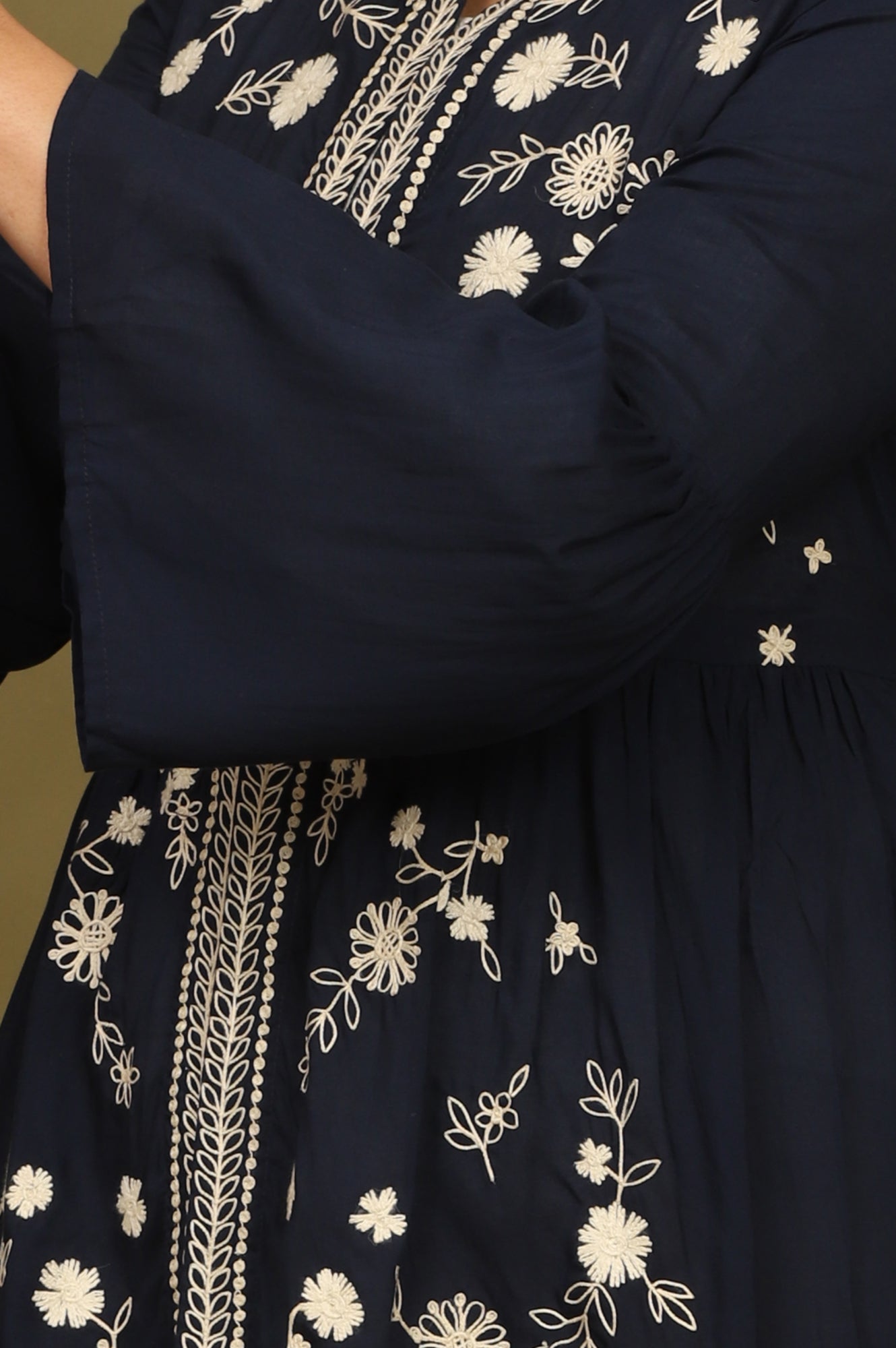 Navy Blue Thread Embroidered Modal Cotton Top with Front Buttons