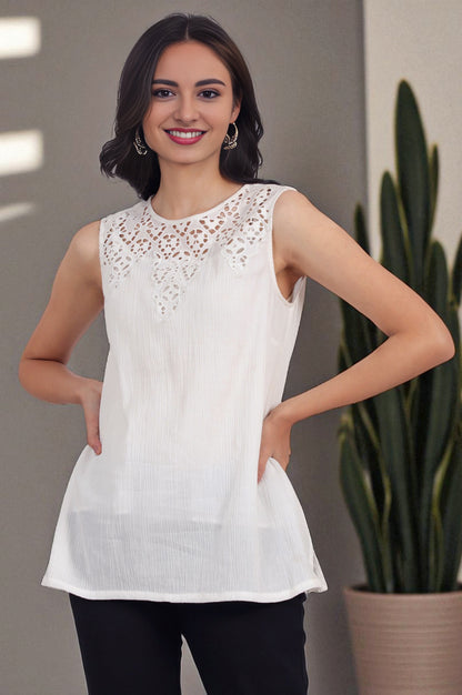 White Cotton Crinkle Top with Schiffli Detail on Neck