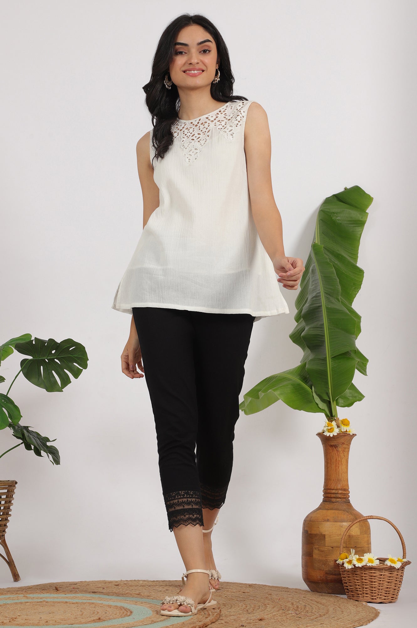 White Cotton Crinkle Top with Schiffli Detail on Neck