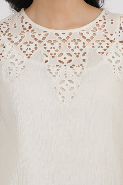 White Cotton Crinkle Top with Schiffli Detail on Neck