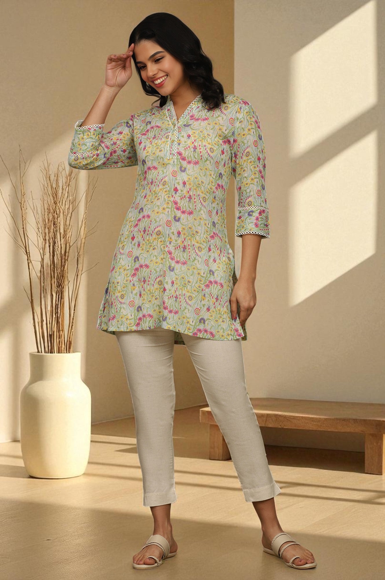 Blue Floral Printed Cotton Crepe Tunic with Lace
