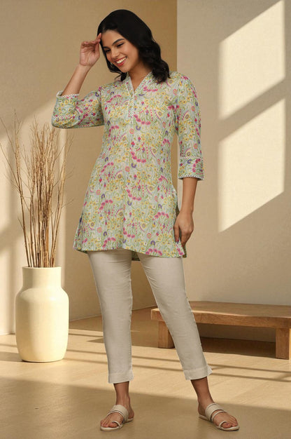 Blue Floral Printed Cotton Crepe Tunic with Lace
