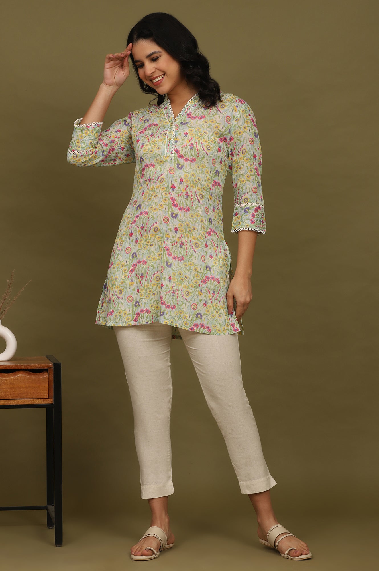 Blue Floral Printed Cotton Crepe Tunic with Lace