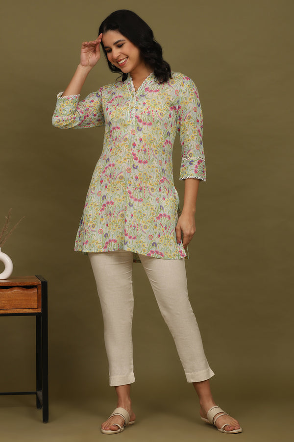Blue Floral Printed Cotton Crepe Tunic with Lace