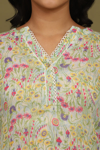 Blue Floral Printed Cotton Crepe Tunic with Lace