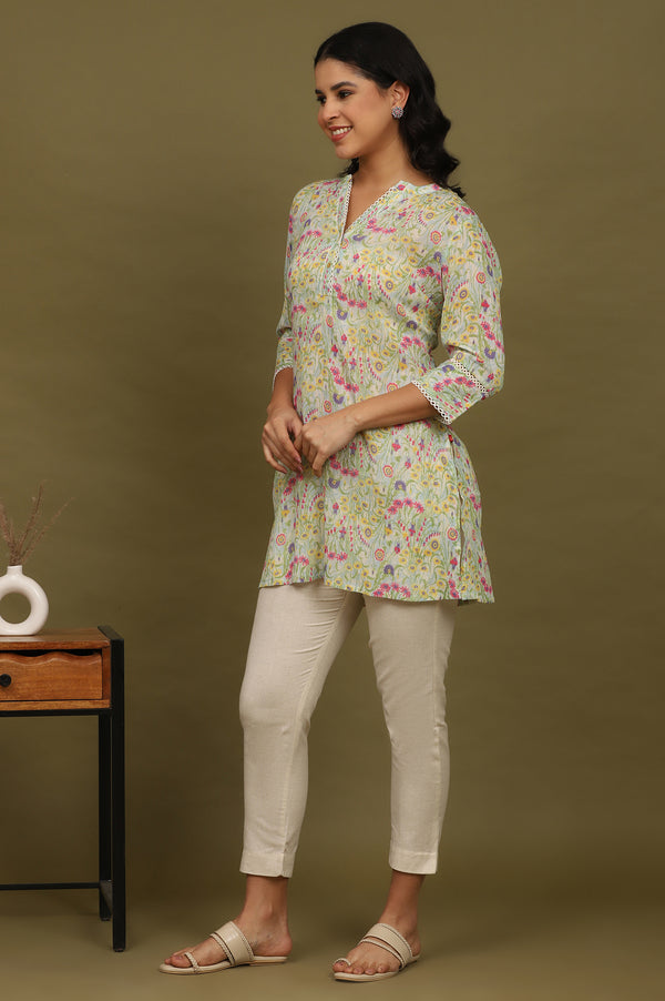 Blue Floral Printed Cotton Crepe Tunic with Lace
