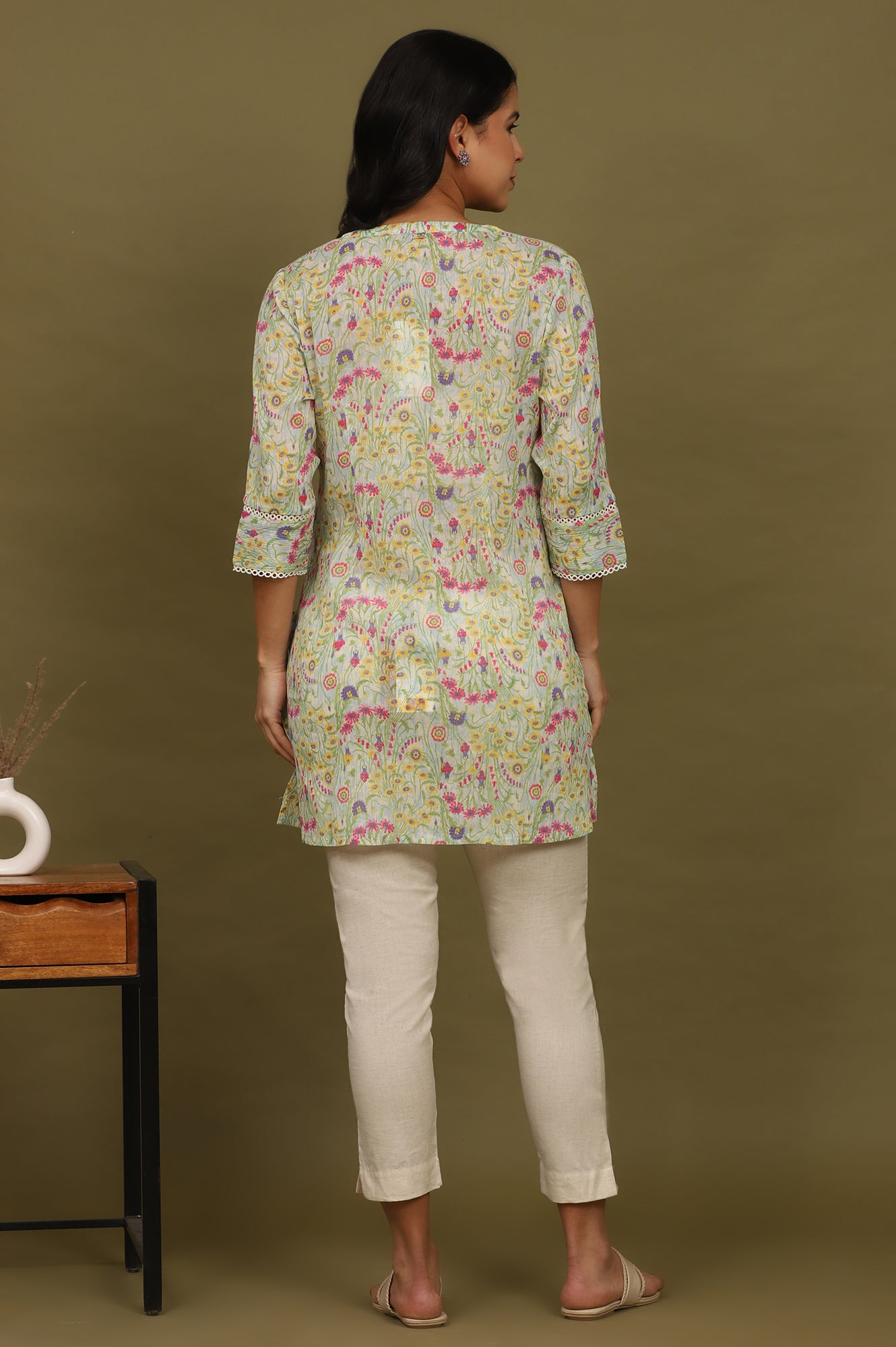 Blue Floral Printed Cotton Crepe Tunic with Lace