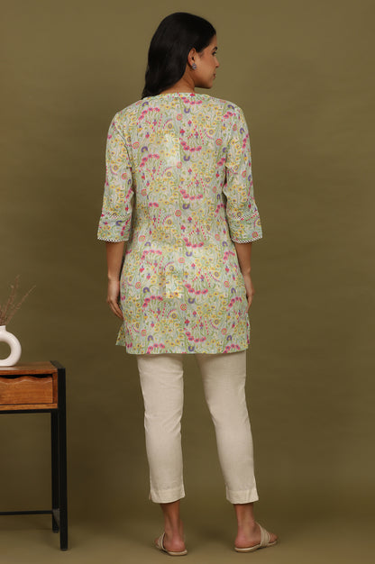 Blue Floral Printed Cotton Crepe Tunic with Lace