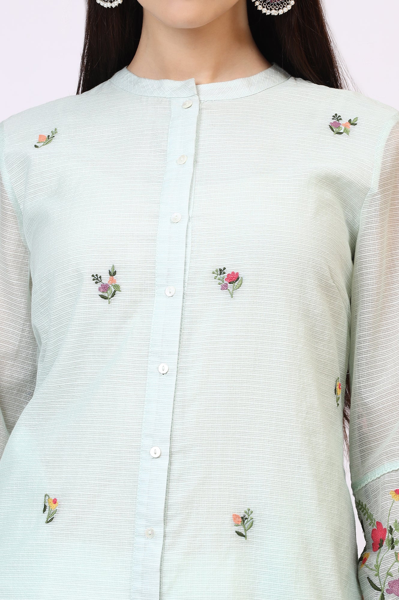 Mint Green Floral Embroidered Kota Tunic