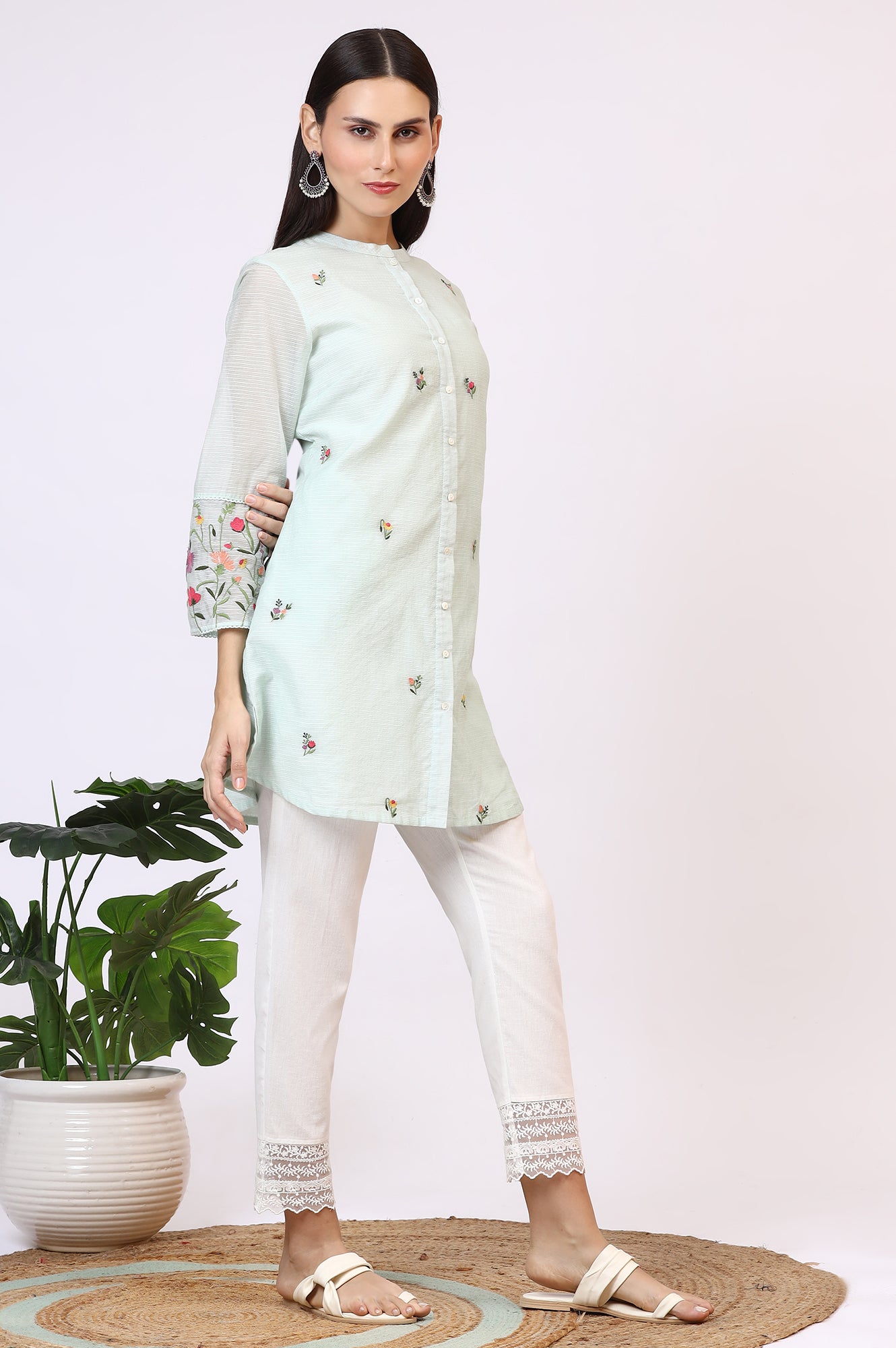 Mint Green Floral Embroidered Kota Tunic