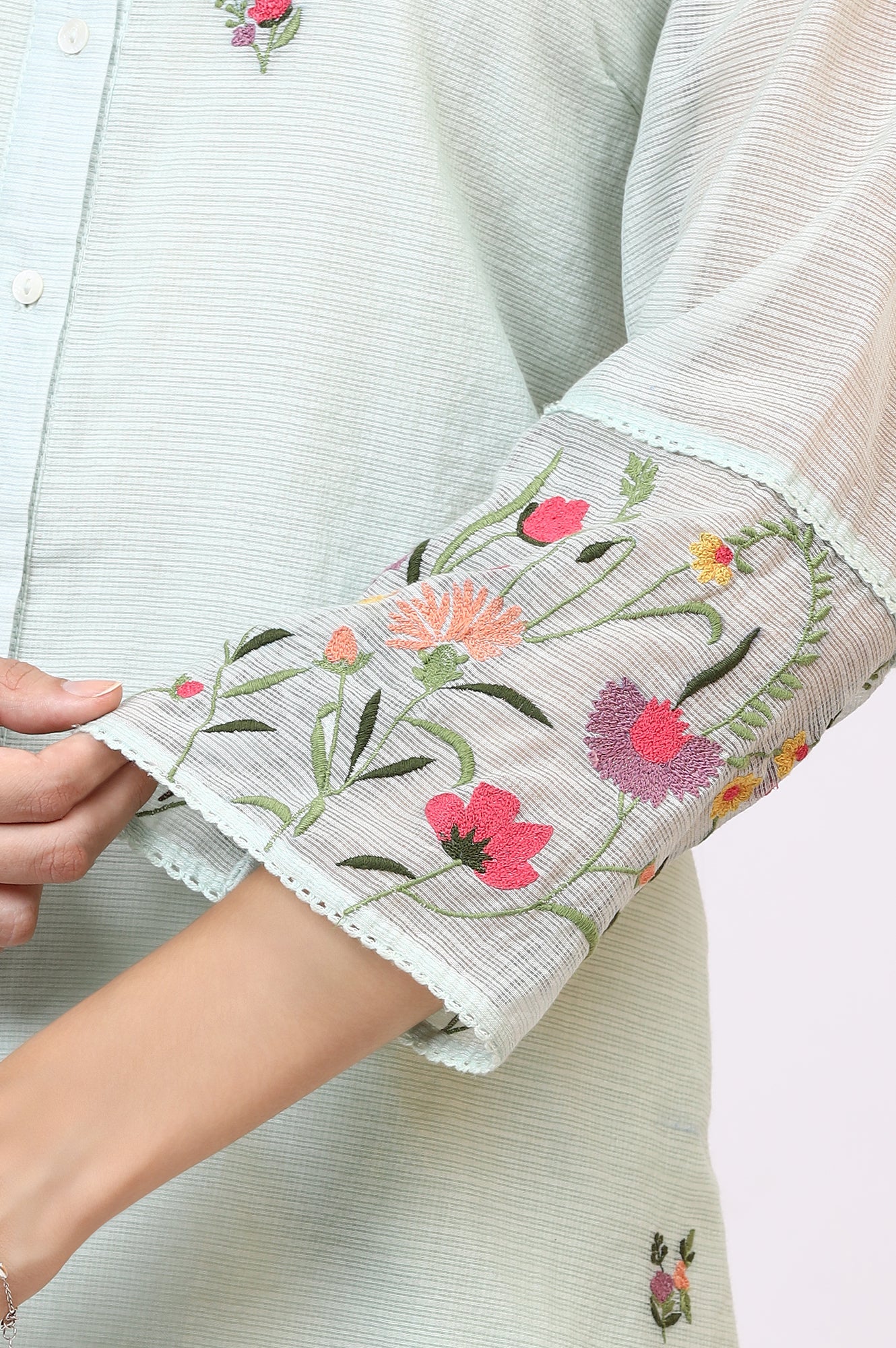 Mint Green Floral Embroidered Kota Tunic